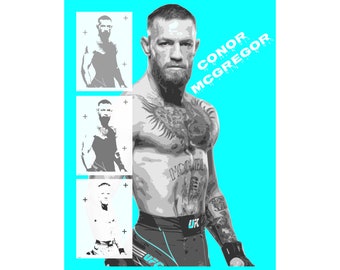 May include: A black and white digital illustration of a man with a beard and tattoos. The man is wearing black shorts with the word "UFC" on them. The background is a bright blue color. The text "CONOR MCGREGOR" is written in white on the right side of the image.
