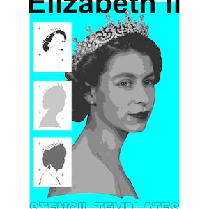 May include: Stencil templates for creating a portrait of Queen Elizabeth II. The templates show a silhouette of the Queen wearing a crown, and a detailed portrait of her face.