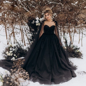 Halloween Party dress,Black wedding dress,Gothic bridal gown with Cape,Strapless black prom gown with Cape