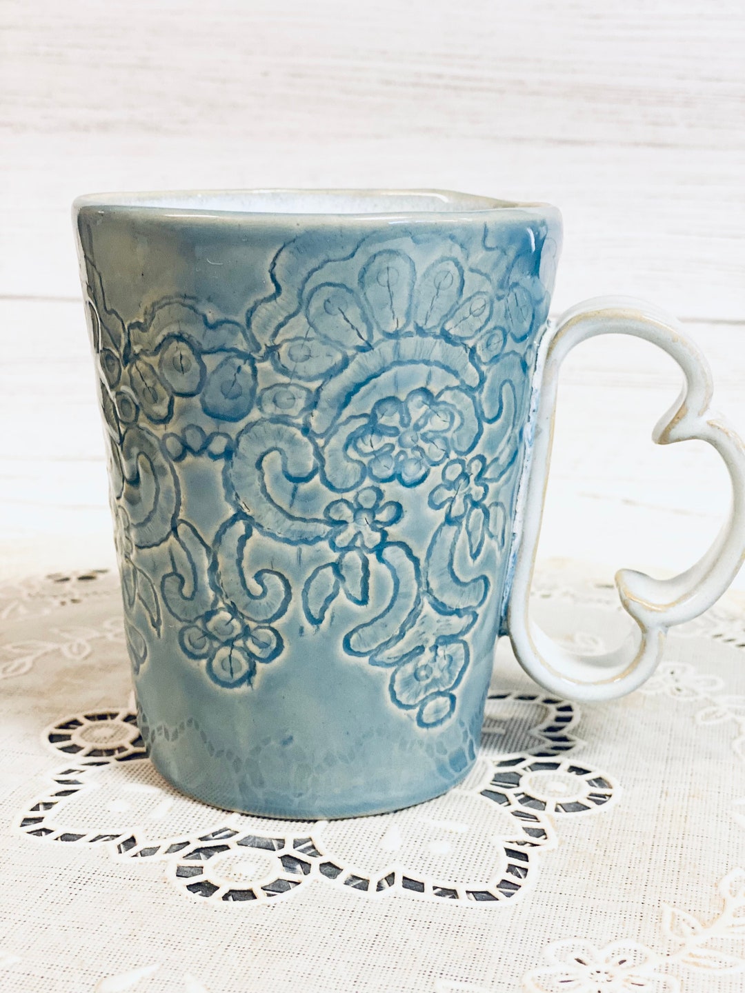 Ceramic Blue Cloud Mug With Lace Texture - Etsy
