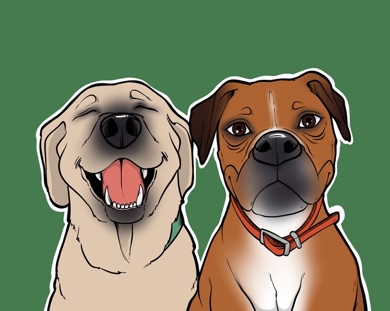 K&ouml;nnte beinhalten: Eine Cartoon-Illustration von zwei Hunden, einer mit braunem Fell und einer mit beigefarbenem Fell, die den Betrachter ansehen. Der Hund mit braunem Fell tr&auml;gt ein rotes Halsband und der Hund mit beigefarbenem Fell tr&auml;gt ein gr&uuml;nes Halsband.