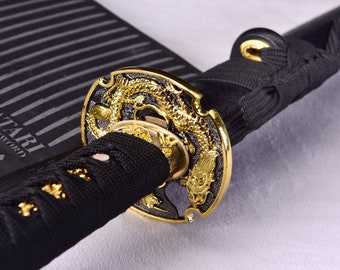 Handgefertigtes Katana Echtes scharfes Samurai-Katana-Schwert aus 1060 Kohlenstoffstahl, handgeschmiedet mit vollem Zapfen, japanischer schwarzer Katana-Drachenflügel