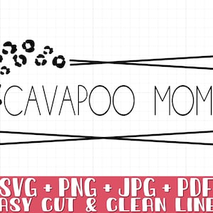 May include: Black and white graphic design with a leopard print pattern. The text "CAVAPOO MOM" is inside a black double-lined rectangle.