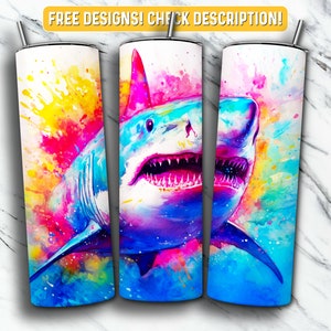Aquarell Hai Tumbler Wrap PNG Design, Hai Tier 20 oz Skinny Tumbler Design Sublimation, sofortiger digitaler Download