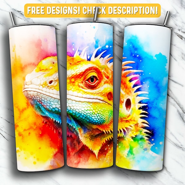 Watercolor Bearded Dragon Tumbler Wrap PNG Design, Bearded Dragon Animal 20 oz Skinny Tumbler Design Sublimation, Instant Digital Download