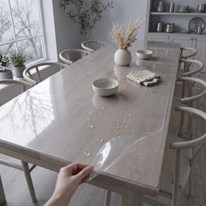 Bordskydd i trä, överdrag i genomskinlig vinyl för matbord, reptålig och vattentät mjuk glasmatta, tillverkad efter dina mått