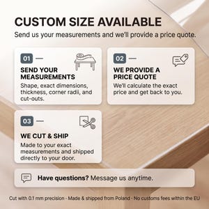 May include: An informational graphic titled CUSTOM SIZE AVAILABLE with three steps: 01 SEND YOUR MEASUREMENTS, 02 WE PROVIDE A PRICE QUOTE, and 03 WE CUT & SHIP. It includes icons of a measuring tape, price tag, and scissors, plus text about 0.1 mm precision.