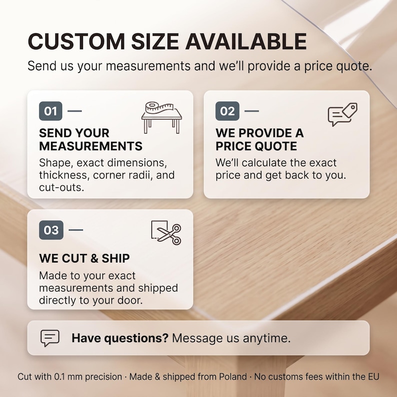May include: An informational graphic titled CUSTOM SIZE AVAILABLE with three steps: 01 SEND YOUR MEASUREMENTS, 02 WE PROVIDE A PRICE QUOTE, and 03 WE CUT & SHIP. It includes icons of a measuring tape, price tag, and scissors, plus text about 0.1 mm precision.