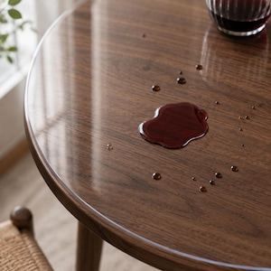 Peut inclure: Une table ronde en bois recouverte d'une protection en plastique transparent. Une tache de liquide rouge foncé est visible sur la surface de la protection, avec plusieurs petites gouttelettes éparpillées autour et un verre partiellement visible.