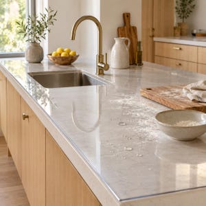 May include: A clear, rectangular protective cover placed over a white marble countertop. The cover features a smooth, transparent surface with visible water droplets and flour dusting, sitting atop light wood cabinetry with a brass faucet and sink.