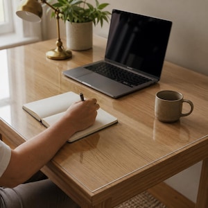May include: A clear, rectangular desk protector mat made of transparent material, placed on a wooden desk surface. The mat is smooth and covers the workspace, providing a protective layer beneath a laptop, a notebook, and a ceramic mug.