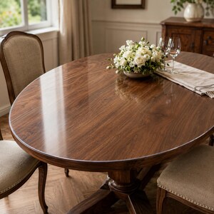 Könnte beinhalten: Ein ovaler Esstisch aus Holz mit polierter dunkelbrauner Oberfläche und einem zentralen Säulenfuß. Der Tisch ist von Stühlen mit beigem Stoffbezug umgeben und mit einem weißen Blumenarrangement sowie zwei Weingläsern aus Klarglas gedeckt.