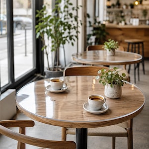 Könnte beinhalten: Zwei Keramik-Kaffeetassen mit Untertassen stehen auf einem runden Holztisch mit einer transparenten Schutzabdeckung. Eine kleine grüne Pflanze in einem gesprenkelten weißen Keramiktopf steht zwischen den Tassen. Holzstühle stehen um den Tisch.