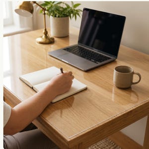 Könnte beinhalten: Eine klare, rechteckige Schreibtischunterlage aus glattem, transparentem Material, die auf einem hellen Holztisch liegt. Die Unterlage bedeckt die Oberfläche und bietet eine Schutzschicht unter einem Laptop, einer Keramiktasse und einem Notizbuch.