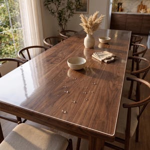 May include: A rectangular dark wood dining table with a clear protective cover featuring scattered water droplets. The table is surrounded by six wooden chairs with light beige upholstered seats. A ceramic vase with dried grass sits on the table.