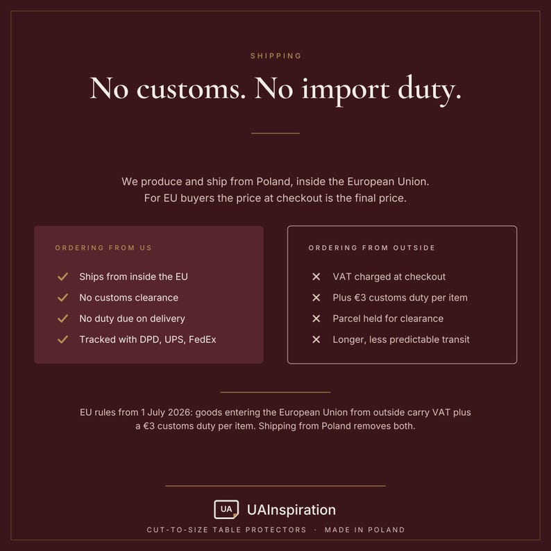 Może przedstawiać: Ciemnobordowa infografika z białym tekstem dotyczącym zasad wysyłki. Zawiera napis: No customs. No import duty. Por&oacute;wnuje zam&oacute;wienia z UE i spoza niej, wymieniając korzyści, takie jak brak odprawy celnej oraz śledzenie przesyłek przez DPD, UPS, FedEx.