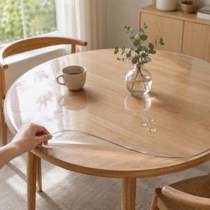 Puede incluir: Un protector de mesa circular de plástico transparente y flexible, parcialmente levantado de una mesa de comedor redonda de madera clara. La mesa cuenta con una taza de cerámica beige y un pequeño florero de vidrio con ramas de eucalipto.