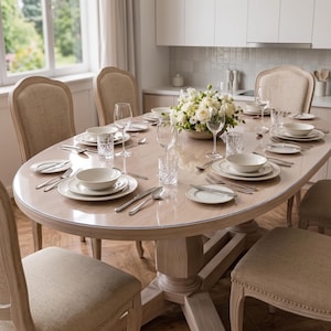 May include: An oval wooden dining table with a clear protective cover, set with white ceramic plates, bowls, crystal glassware, and silver cutlery. Six upholstered chairs with beige fabric surround the table, which features a central floral centerpiece.