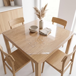 Peut inclure: Une table à manger carrée en bois dotée d'une protection transparente sur sa surface. Le revêtement présente des gouttelettes d'eau éparpillées. La table est entourée de quatre chaises en bois assorties à la finition naturelle claire.