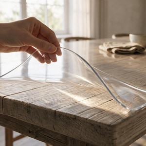 May include: A clear, flexible plastic table protector sheet being lifted from a rustic wooden dining table. The transparent cover is smooth and pliable, designed to lay flat over the textured wood surface to provide a protective layer.