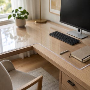May include: A clear, L-shaped desk mat made of transparent plastic, designed to protect the surface of a wooden desk. The mat is smooth and covers the workspace, featuring rounded edges that follow the contour of the L-shaped desk surface.