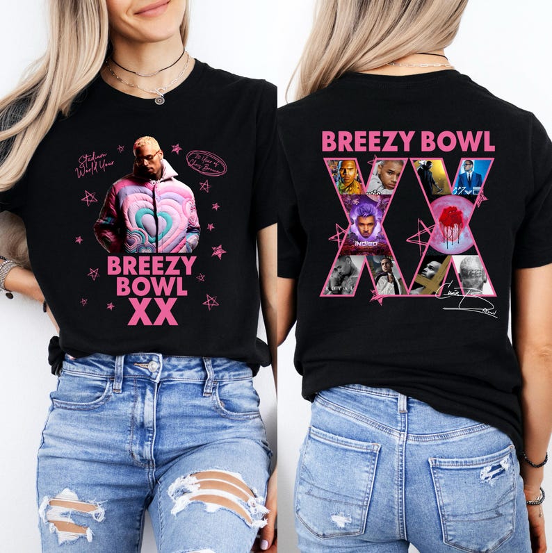 Retro Breezy Bowl XX t-shirt in black, featuring a vibrant pink and blue graphic of Chris Brown, vintage aesthetic concert shirt for hip hop fans