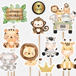 Calling All Party Tiere Herzstücke erster Geburtstag Junge Wilde Safari Tiere Jeep Löwe Affe Tiger Ausschnitte Kuchendeckel Printable Digital