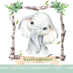 Animales de safari para bebés en marco de madera PNG, animales bebés de acuarela, diseño de sublimación, imagen de tarjeta de cumpleaños, descarga digital instantánea, W038