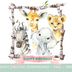 Baby Safari Tiere im Holzrahmen PNG, Aquarell Baby Tiere, Sublimation Design, Geburtstagskarte Bild, Sofort Digital Download, W037