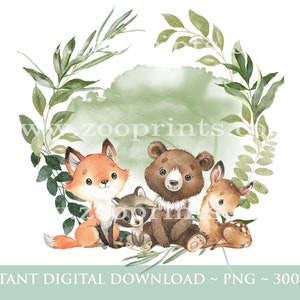 Woodland Forest Animals Summer Greenery Couronne PNG, Woodland Animals Sublimation Design, Baby Shower, New Baby, Instant Digital Download