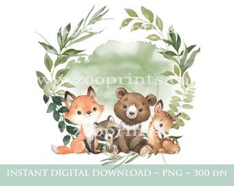Woodland Forest Animals Summer Greenery Wreath PNG, Woodland Animals Sublimation Design, Baby Shower, New Baby, Instant Digital Download