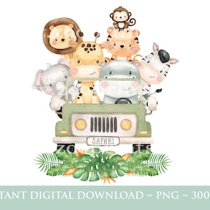Baby Safari Animals Kids Car PNG, aquarela bebê animais, design de sublimação de camiseta, imagem de cartão de aniversário, download digital instantâneo, W017