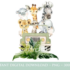 Baby Safari Animals Kids Car PNG, Acquerello Baby Animals, T Shirt Sublimation Design, Birthday Card image, Instant Digital Download, W093