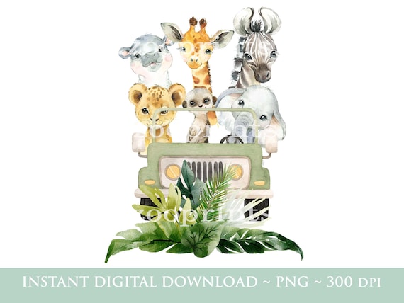 Baby Safari Dieren Kids Car PNG, Aquarel Baby Dieren, T Shirt Sublimatie  Ontwerp, Verjaardagskaart afbeelding, Instant Digitale Download, W093