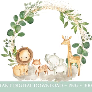 Niños Safari Animales de la Selva, Animales Bebé Acuarela, Salvaje, Dos Salvajes, Diseño de Sublimación de Cumpleaños, Selva, Safari, Descarga Digital, W049
