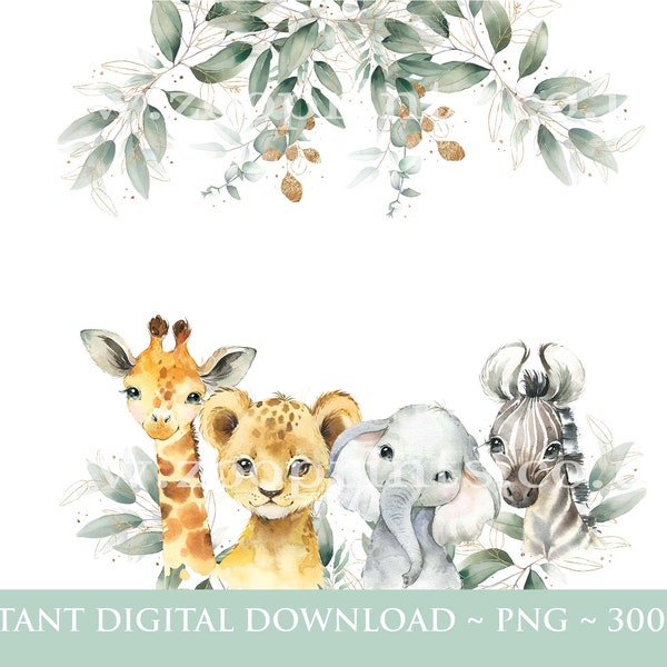 Baby Safari Animals Wreath, Watercolor Baby Animals, Wild One, Two Wild, Birthday Sublimation Design, Jungle, Safari, Digital Download, W45