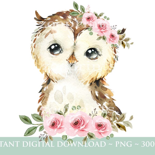 Baby Owl Pink Wreath PNG, Woodland Birthday Party Clipart, Owl Sublimation, Baby Owl Birthday Card Design, Instant Digital Download  - W078