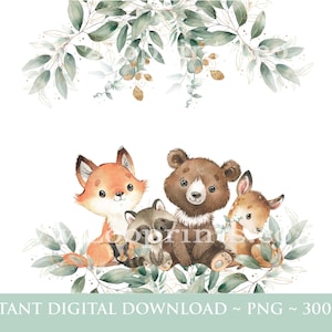 Baby Waldtiere Kranz, Aquarell Tierbabys, Wild One, Two Wild, Geburtstag Sublimation Design, digitaler Sofort Download, W104