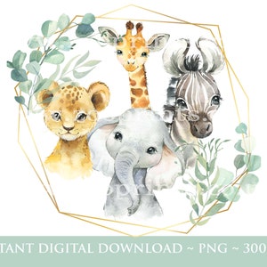Baby Safari Tiere Kranz, Aquarell Baby Tiere, Wild One, Two Wild, Geburtstag Sublimation Design, Dschungel, Safari, Digitaler Download, W27