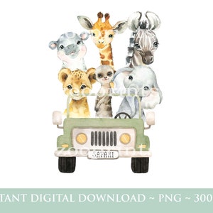Baby Safari Tiere Kinder Auto PNG, Aquarell Baby Tiere, T Shirt Sublimation Design, Geburtstagskarte Bild, Digitaler Download, W092