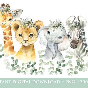 Baby Safari Animali Wreath, Acquerello Baby Animals, Wild One, Two Wild, Birthday Sublimation Design, Jungle, Safari, Digital Download, W52