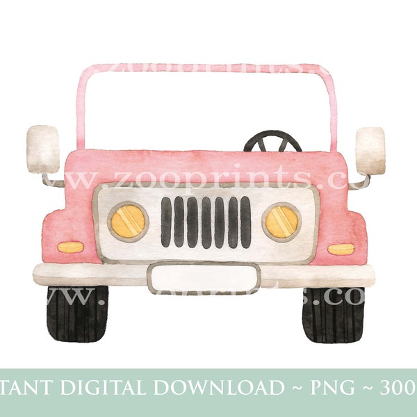 Watercolour Safari Car PNG Clipart, Jungle Digital Clipart, T Shirt Sublimation Design, Birthday Card image, Instant Digital Download, W151