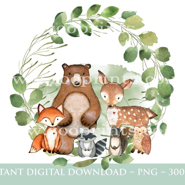 Woodland Forest Animals Eucalyptus Greenery Wreath PNG, Woodland Animals Sublimation Design, Baby Shower, New Baby, Instant Digital Download