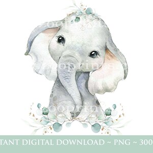 Baby Elephant Green Floral PNG, Watercolor Elephant, Wild One, Two Wild, Birthday Sublimation Design, Jungle, Safari, Digital Download, W15
