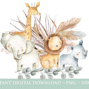 Kids Safari Jungle Animals, Aquarelle bébés animaux, Wild One, Two Wild, Birthday Sublimation Design, Jungle, Safari, Téléchargement numérique