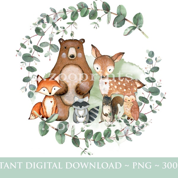 Woodland Forest Animals Eucalyptus Wreath PNG, Woodland Animals Sublimation Design, Baby Shower, New Baby, Instant Digital Download, W107