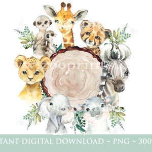 Kids Safari Groene Jungle Hout snij bloemen PNG, Aquarel Baby Dieren, Verjaardag Sublimatie Design, Jungle, Safari, Digitale Download, W062