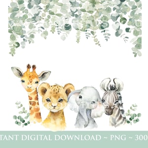 Baby Safari Animals Wreath, Aquarelle Baby Animals, Wild One, Two Wild, Birthday Sublimation Design, Jungle, Safari, Téléchargement numérique, W51