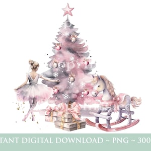 Árbol de Navidad rosa, bailarina y caballo mecedor PNG, diseño de sublimación de árbol de Navidad, diseño de tarjeta de Navidad, descarga digital instantánea