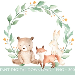 Couronne d’animaux de la forêt, Woodland Frame PNG, Nursery Decor, Baby Shower Sublimation Design, Forest Animals PNG Frame, Instant Digital Download